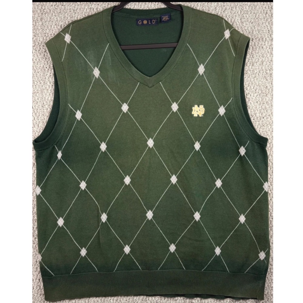 Vintage 90s Notre Dame Fighting Irish Argyle Sweater Vest XXL Cotton Hong Kong